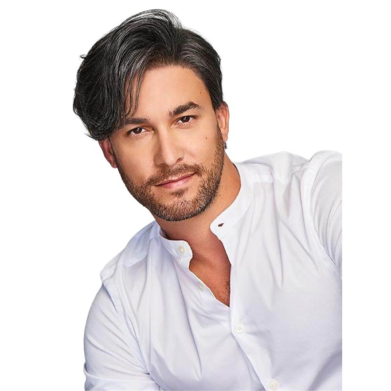 Men's Wig with Black and White Fringe and Partial Puffy Wig