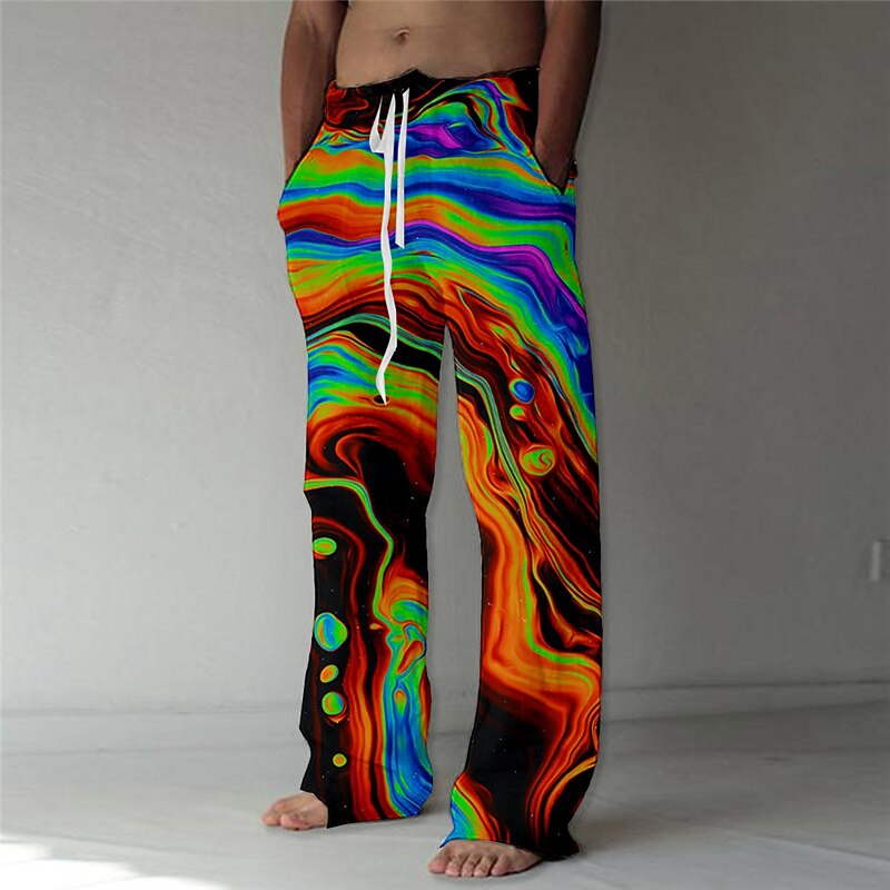 Men's Trousers Summer Pants Beach Pants Drawstring Elastic Waist Straight Leg Abstract Graphic Prints Comfort Casual Daily Holiday Streetwear Designer Red Orange2
