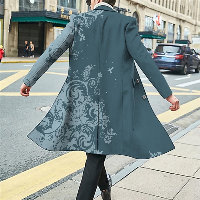 Men's Floral Graphic Prints Winter Coat Overcoat Coat Warm Comfortable Breathable Fashion Streetwear Business Work Wear to work Going out Pocket Print Fall & Winter Turndown Long Sleeve Black White3