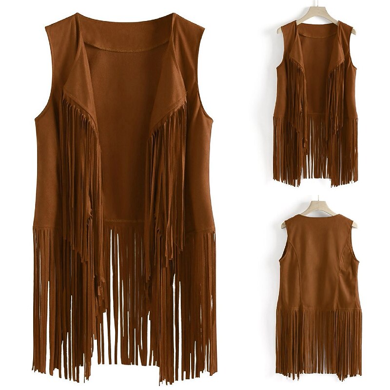 Hippie Retro Vintage 1960s 1970s Accesories Set Suede Vest Women's Tassel Fringe Costume Vintage Cosplay Vest2