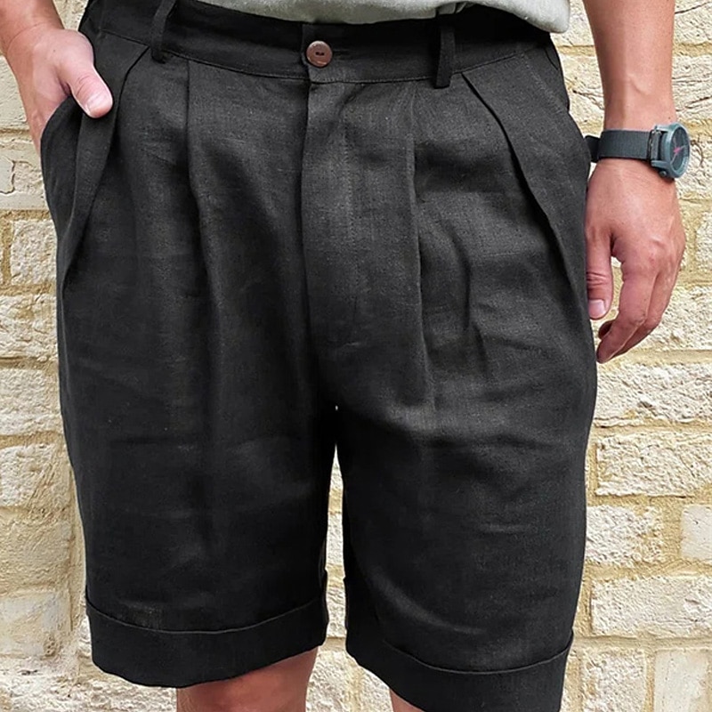 Men's Shorts Linen Shorts Dress Shorts Summer Shorts Beach Shorts Plain Soft Breathable Short Casual Daily Holiday Fashion Streetwear Black White Inelastic2