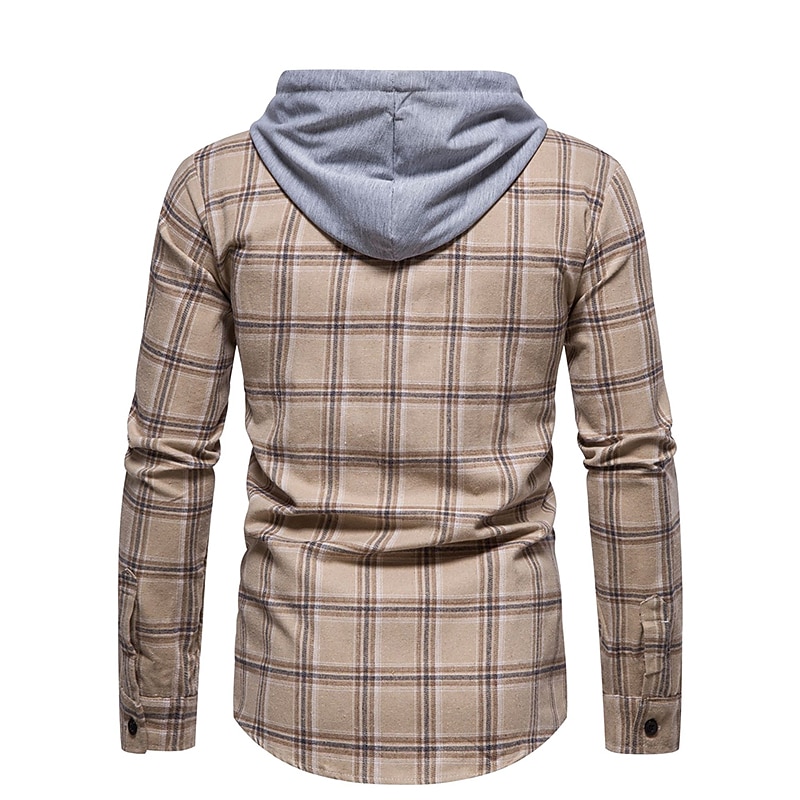 Men's Shirt Casual Shirt Button Up Shirt Overshirt Hooded Shirt Checked Shirts Pink Dark Navy Blue Green khaki Long Sleeve Plaid / Check Hooded Vacation Street Hooded Clothing Apparel Cotton Cotton2