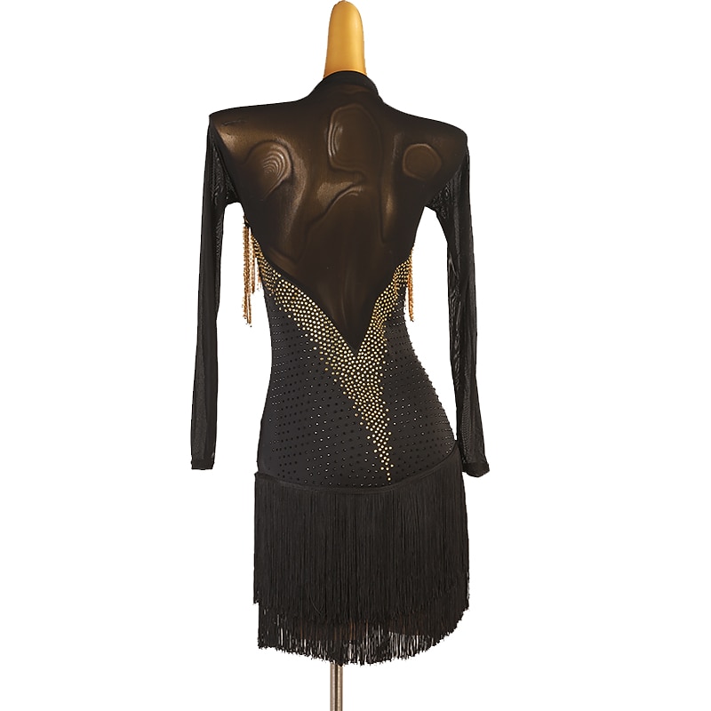 Latin Dance Dress Fringed Tassel Split Joint Crystals / Rhinestones Women's Performance Training Long Sleeve Chinlon Mesh2