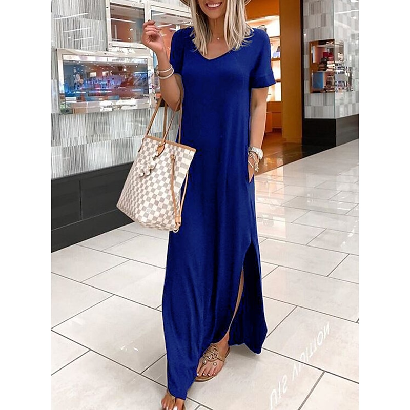 Women's Long Dress Maxi Dress Maxi Dress Black Dress Casual Dress Cocktail Dress Formal Dress Basic Casual Outdoor Daily Going out Regular Fit Plain Short Sleeve V Neck Black Wine Blue Summer Spring2