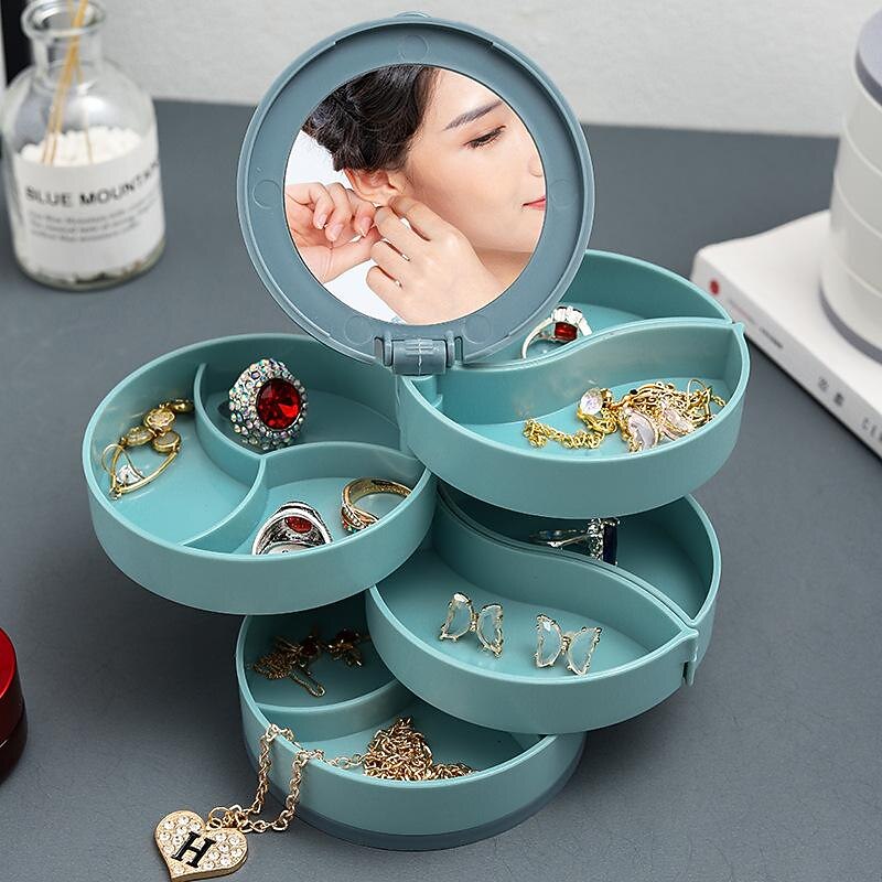 1pc Jewelry Stand Holder, Jewelry Display Tray, Jewelry Storage Box Multilayer Rotating Plastic Jewelry Stand Earrings Ring Box Cosmetics Beauty Container Organizer With Mirror3