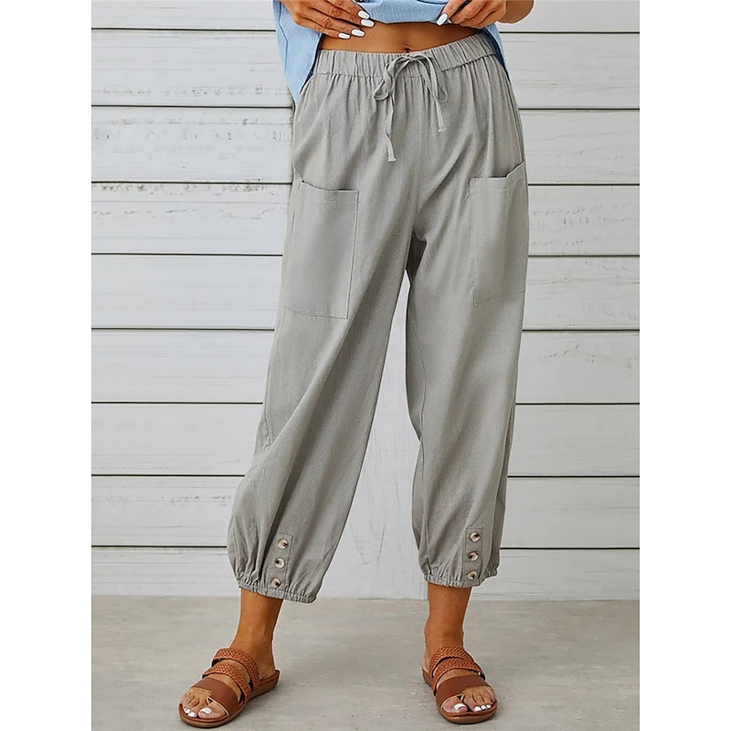 Women's Loungewear Pants Lounge Pants Simple Casual Comfort Pure Color Pocket Elastic Waist Cotton Linen Pants Vacation Home Daily Black White Army Green Navy Blue Blue Summer Spring Fall4