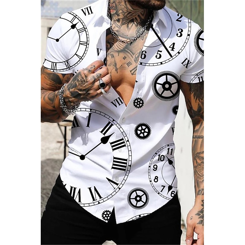 Men's Clock Shirt Button Up Shirt Short Sleeve Vintage Sports Fashion Casual Daily Holiday Summer Spring Turndown Print Button-Down Light Yellow White Purple Orange Green