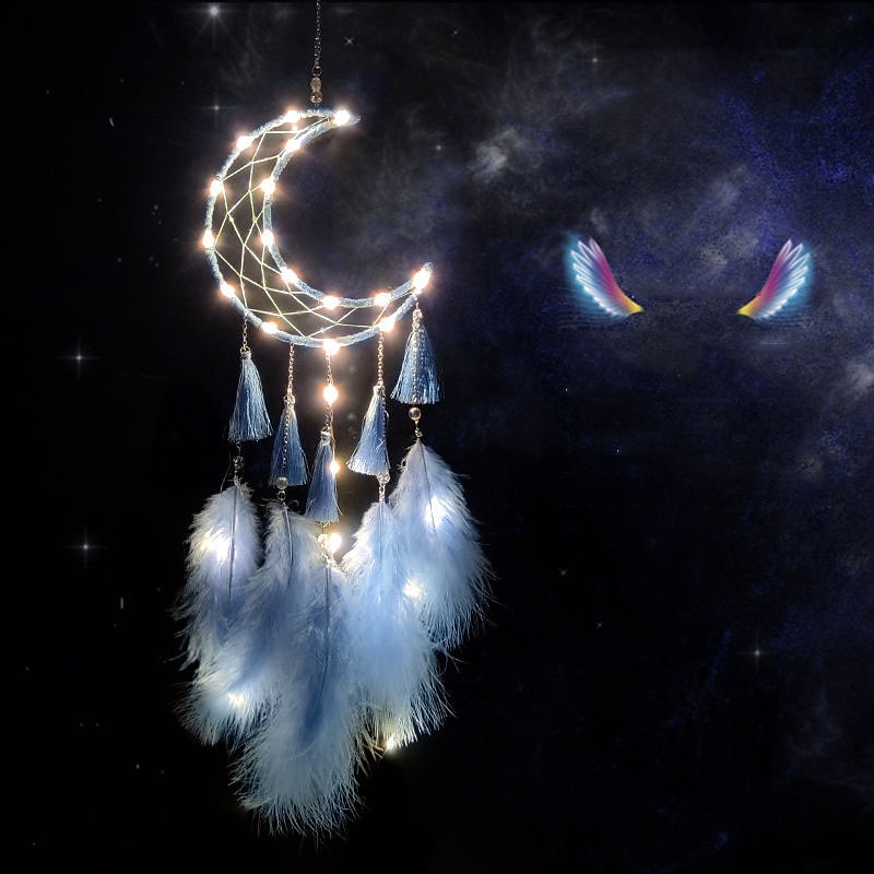 Dream Catcher Moon Shaped with Fairy Lights for Bedroom Wall Hanging Decoration Girl Heart Dream Bedroom Decorations Creative Lights Christmas Wedding Living Room Balcony Ramadan Eid Festival Decorations