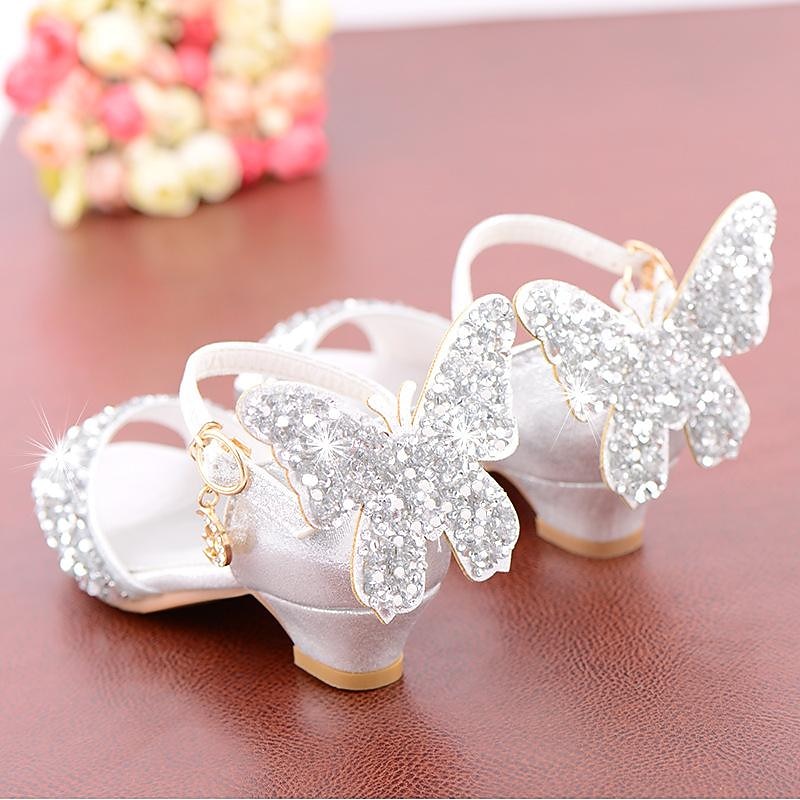 Girls' Sparkly Butterfly Princess Shoes – Glittery Open-Toe Dress Shoes with Low Heels for Weddings or Parties3
