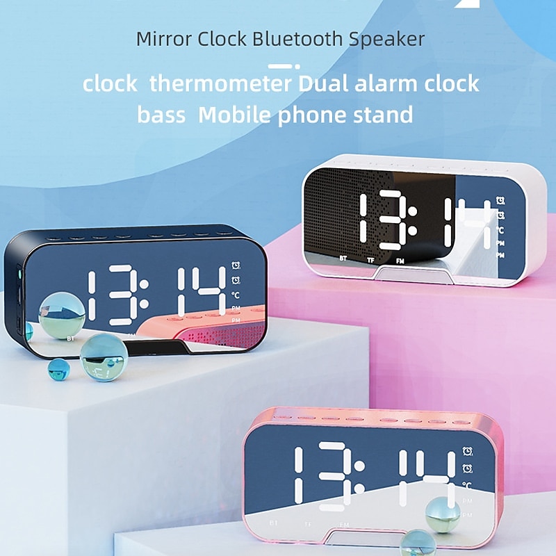 LED Dual Alarm Clock Wireless FM Radio Dimmer Phone Holder With Speaker Bluetooth 5.0 Mirror Clock Home Office Phone Supplies