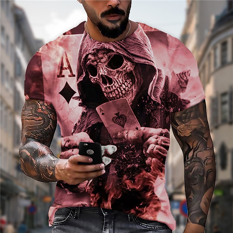 Men's Unisex Skull Graphic Prints Poker T Shirt Halloween Shirt Short Sleeve T shirt 3D Print Crew Neck Shirt Sports Designer Casual Outdoor Street Daily Red Brown Gray Summer Clothing Apparel S M L3