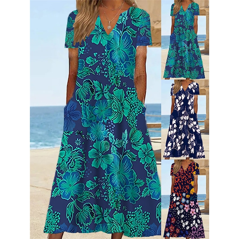 Women's Midi Dress Shift Dress Sundress Floral Pocket Print V Neck Date Vacation Short Sleeve Summer Spring