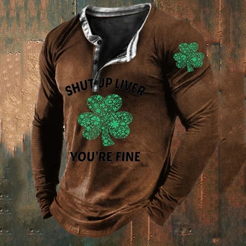 St.Patrick's Day Men's Henley Shirt Tee Graphic Clover Henley Clothing Apparel 3D Print Daily St.Patrick's Day Long Sleeve Button-Down Print Fashion Designer3
