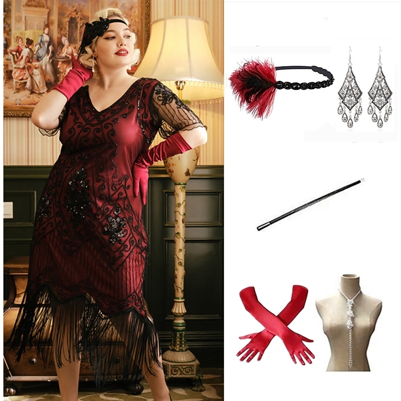 The Great Gatsby Midi Flapper Dress Dress Outfits The Great Gatsby Wedding Guest Sequins Tassel Fringe Sequin Tassel V Neck Fancy Dress Women's Masquerade Prom Party & Evening Wedding Reception2