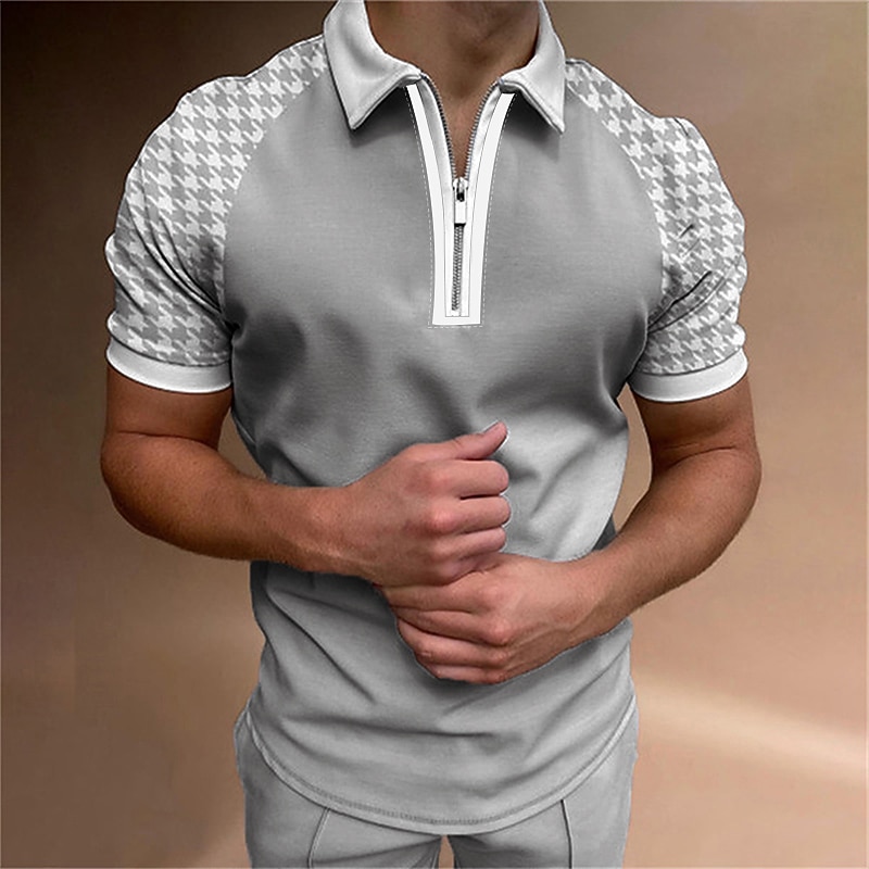 Men's Zip Polo Polo Shirt Casual Daily Turndown Quarter Zip Short Sleeve Sports Fashion Color Block Zipper Quarter Zip Spring & Summer Regular Fit Pink Light Grey Light Blue Zip Polo4