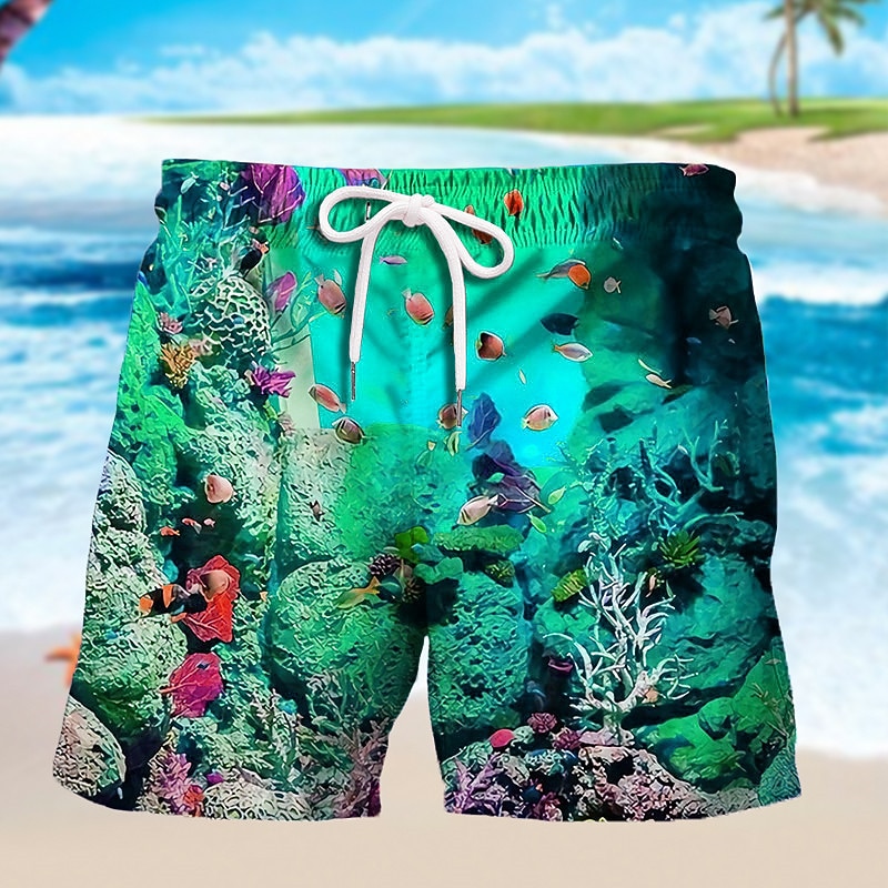 Men's Graphic Ocean Fish Swim Trunks Swim Shorts Board Shorts Mid Waist Hawaiian Designer Boho Holiday Beach Drawstring with Mesh lining Elastic Waist Designer Clothing Apparel3