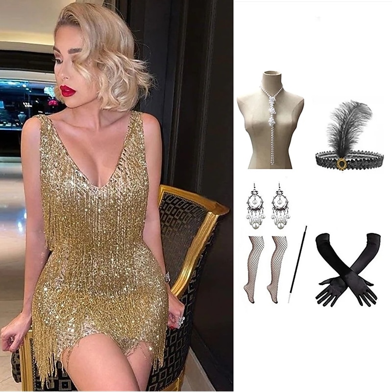 Tassel Vintage Inspired Short Length Flapper Dress Dress Outfits Sleeveless Wedding Guest Tassel Fringe Solid Colored Tassel V Neck Fancy Dress Women's Halloween Masquerade Casual Daily Party4