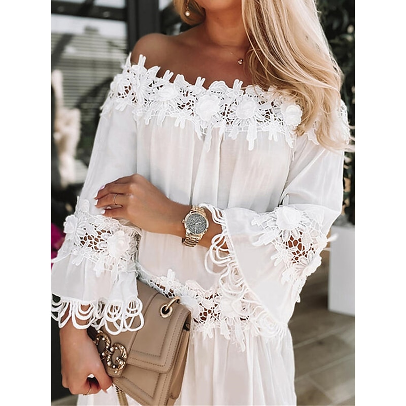 Women's Midi Dress White Dress Lace Dress Shift Dress Summer Dress Fashion Basic Modern Outdoor Vacation Daily Loose Fit Plain 3/4 Length Sleeve Off Shoulder White Summer Spring3