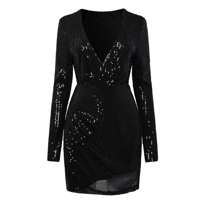 Women's Mini Dress Sequin Dress Party Dress Homecoming Dress Holiday Dress Fashion Mature Winter Dress Party Wedding Guest Regular Fit Pure Color Long Sleeve V Neck Black Gold Spring Fall Winter3