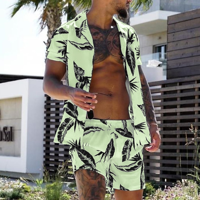 Men's Leaves Tropical Plants 2pcs Shirts Sets Summer Hawaiian Shirt Short Sleeve Short Pants Turndown Fashion Hawaiian Designer Vacation Casual Daily Button-Down Spring & Summer White Yellow Pink3