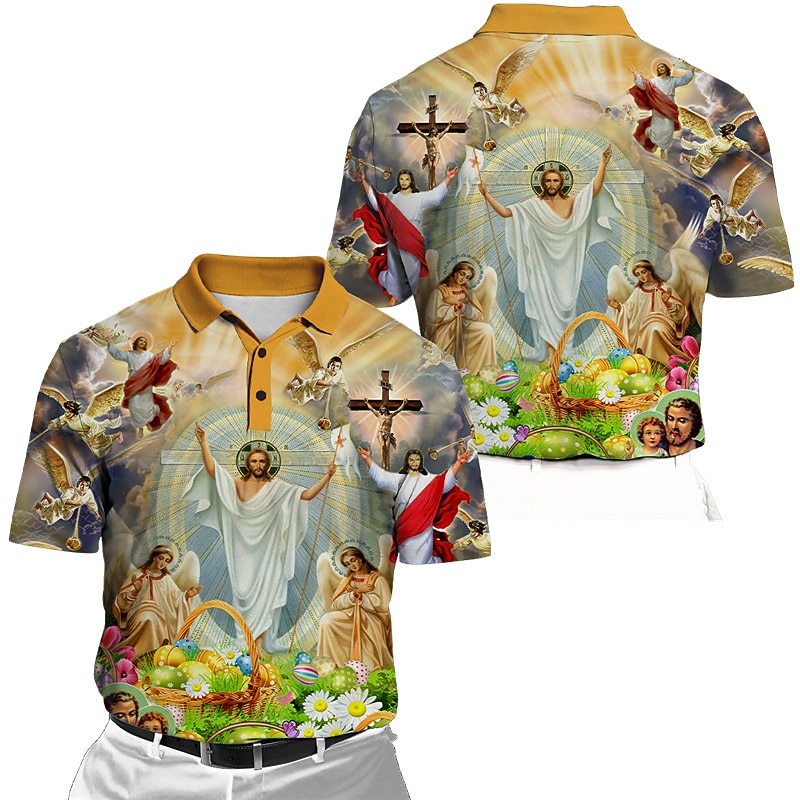 Men's Graphic Prints Easter Jesus Polo Shirt Golf Shirt Short Sleeves Shirt Turndown Outdoor Street Yellow Pink Blue Green Print Button-Down Clothing Apparel Fashion Designer Casual Breathable