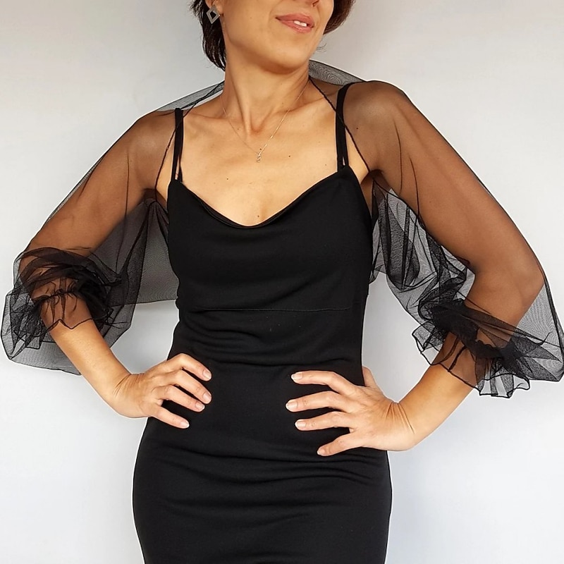 Mesh Bolero Long Puff Ruffles Sleeve See Through Cover Up Shrug Tulle Bolero Bridal Organza Wedding Guest Fashion Women's Wrap Sun Protection All-Match Spring & Summer dress to impress