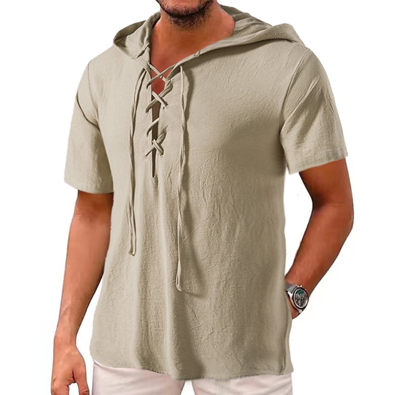 Men's Cotton Linen Shirt Summer Shirt Casual Shirt Beach Shirt Solid Color Vacation Casual Black White Khaki Dark Blue Short Sleeve Hooded Summer Clothing Apparel Drawstring
