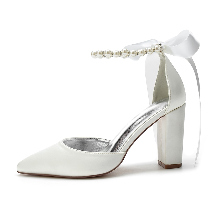 Elegant Green Satin Ankle Strap Heels – Pointed Toe, Pearl Bow Detail, Block Heel Pumps for Women – Perfect for Weddings & Parties 6