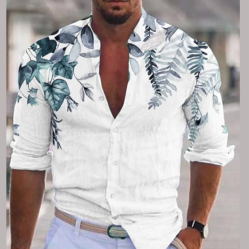 Men's Plant Shirt Linen Shirt Casual Shirt Long Sleeve Modern Contemporary Casual Hawaiian Vacation Going out Beach Summer Spring Turndown Print Button-Down Blue Purple Green Coffee4