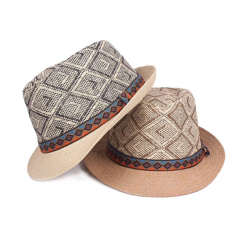 Men's Straw Hat Black Blue Licorice Braided Streetwear Stylish Casual Daily Outdoor clothing Holiday Diamond Pattern Sunscreen Breathability2