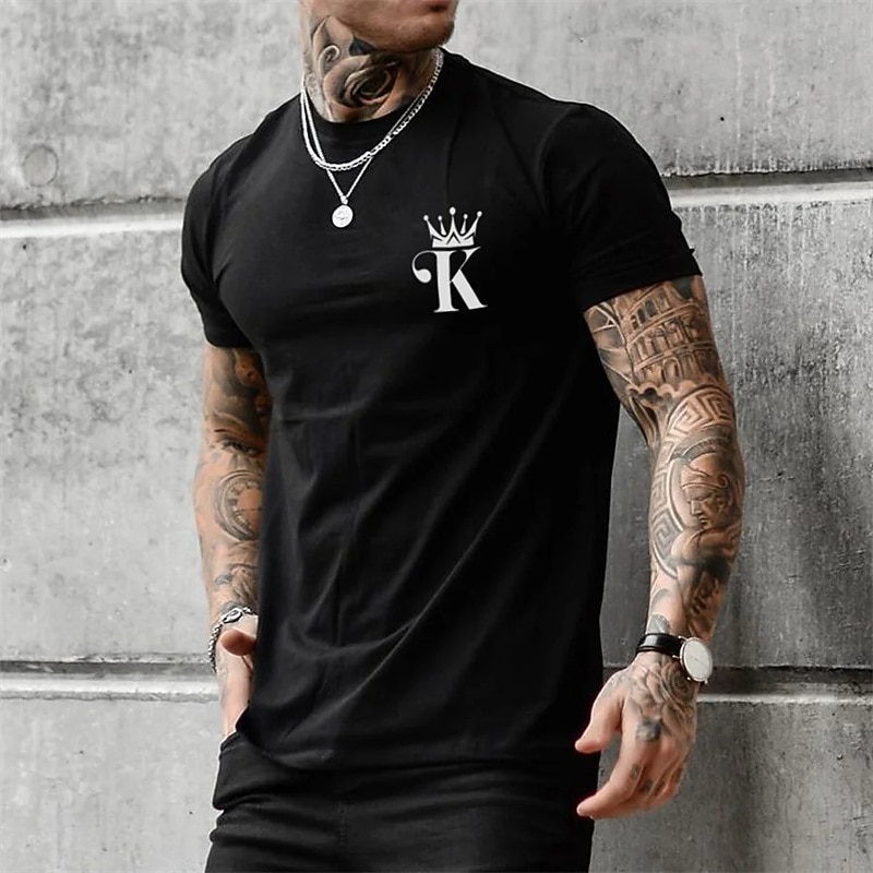 Men's Black Short Sleeve T-Shirt with Crown K Initial Graphic Casual Tee3