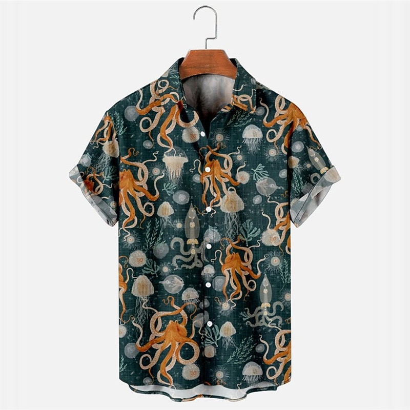 Men's Tropical Octopus Shirt Summer Hawaiian Shirt Aloha Shirt Short Sleeves Shirt Turndown Tropical Sports Streetwear Street Casual Hawaiian Green Gray S M L