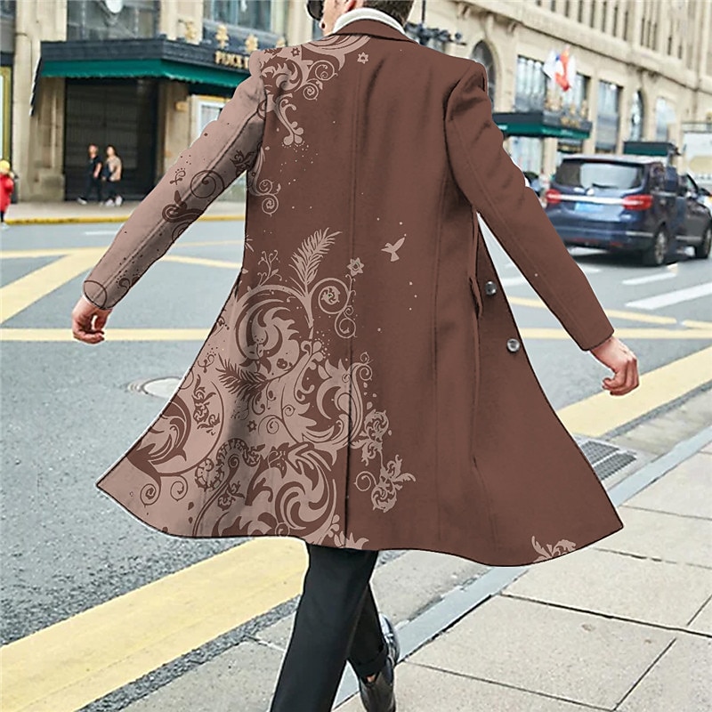 Men's Floral Graphic Prints Winter Coat Overcoat Coat Warm Comfortable Breathable Fashion Streetwear Business Work Wear to work Going out Pocket Print Fall & Winter Turndown Long Sleeve Black White4