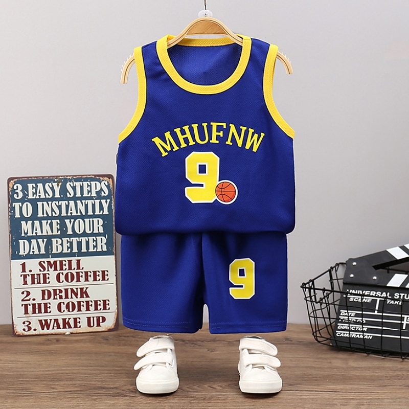 2 Pieces Kids Boys Tank & Shorts Outfit Cartoon Number Letter Sleeveless Crewneck Cotton Set Outdoor Sports Cool Summer Spring 7-13 Years Black White Yellow2