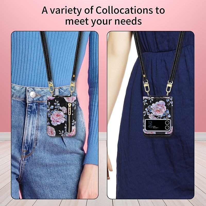 Phone Case For Samsung Galaxy Z Flip 6 Z Flip 5 Z Flip 4 Z Flip 3 Handbag Purse Wallet Case Flip Zipper with Removable Cross Body Strap Graphic Flower PU Leather4