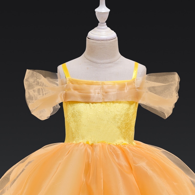 Kids Girls' Party Dress Solid Color Short Sleeve Performance Pegeant Ruched Patchwork Princess Costume Polyester Maxi Party Dress Swing Dress Summer Spring 3-10 Years Yellow4