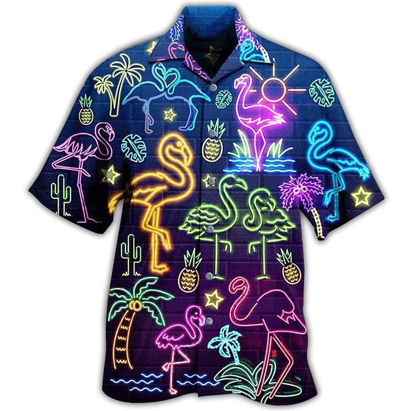 Men's Flamingo Lights Shirt Summer Hawaiian Shirt Aloha Shirt Short Sleeve Shirt Turndown Tropical Fashion Streetwear Casual Hawaiian Holiday Black Yellow Light Green S M L3