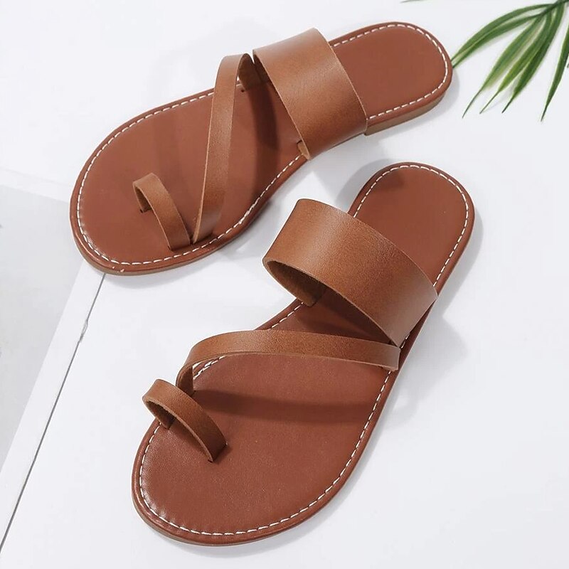 Women's Brown Faux Leather Toe Loop Flat Sandals with Criss-Cross Straps, Casual Summer Slip-On Slides for Vacation, Beach, Backyard, Daily Walking3