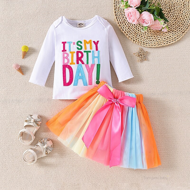 2 Pieces Toddler Girls' Letter Crewneck Skirt & Shirt Set Short Sleeve Fashion Outdoor Cotton 3-7 Years Summer Multicolor White4