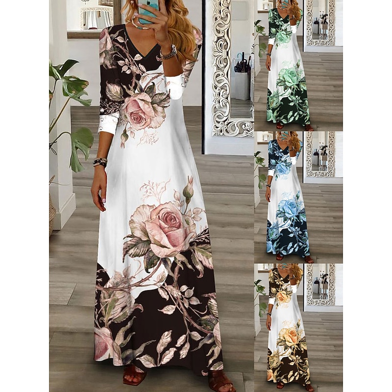 Women's Maxi Dress Casual Dress Floral Print V Neck Maxi long Dress Casual Daily Vacation 3/4 Length Sleeve Summer Spring