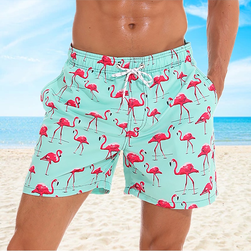 Men's Board Shorts Swim Shorts Swim Trunks Summer Shorts Beach Shorts Pocket Drawstring with Mesh lining Graphic Flamingo Quick Dry Outdoor Holiday Going out Hawaiian Boho Green