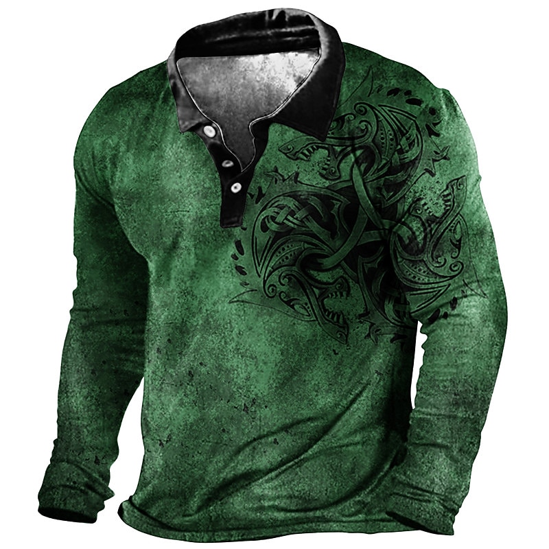 Men's Gothic Horror Tribal Polo Shirts Golf Shirt Long Sleeve Polo Shirts Collared Shirts Vintage Casual Vacation Wear Festival Wear Party Outfits 3D Print Buttons Blue Brown Green2