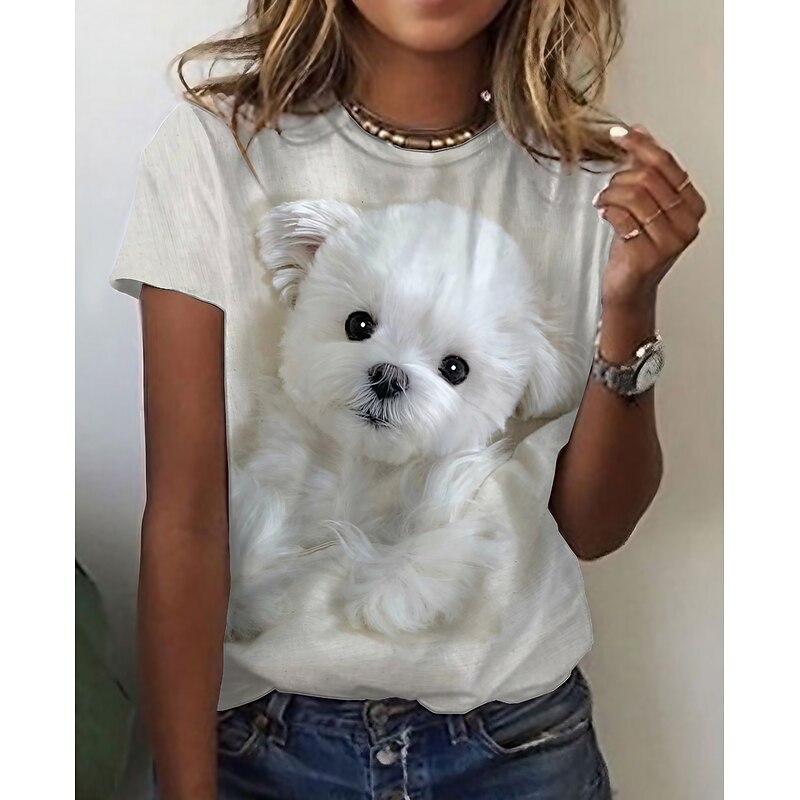 Women's T Shirt Dog Basic Short Sleeve Round Neck Regular Tops Daily Weekend Print Custom Print White Beige Gray