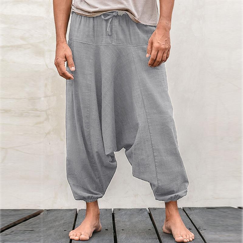 Men's Linen Pants Trousers Summer Pants Bloomers Beach Pants Drawstring Baggy Drop Crotch Plain Breathable Gym Yoga Linen / Cotton Blend Classic Casual Loose Fit Blue Grey4