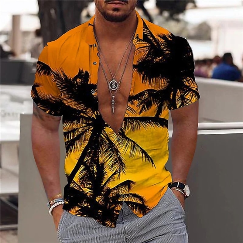 Men's Coconut Tree Tropical Plants Shirt Summer Hawaiian Shirt Aloha Shirt Short Sleeve Shirt Turndown Fashion Designer Casual Outdoor Street Casual Black Yellow Pink Print S M L4