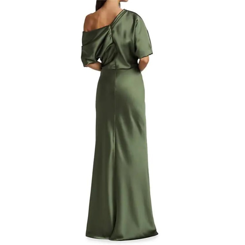 Sheath Mother of the Bride Dress Wedding Guest Formal Evening Elegant Party Off Shoulder Sweep / Brush Train Satin Half Sleeve with Ruching2