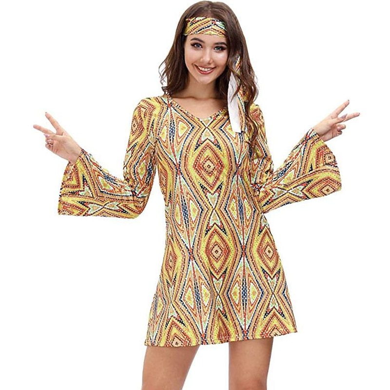 Retro Vintage Hippie 1970s Dress Headpiece Flare Cuff Sleeve Hippie Printing Fancy Dress Women's Masquerade Party & Evening Pride Parade Pride Month Adults' Dress Headwear2
