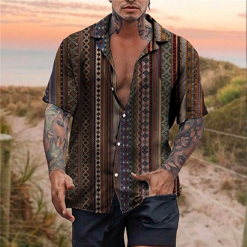 Men's Tribal Vintage Geometry Shirt Boho Shirt Button Up Shirt Short Sleeve Tropical Sports Fashion Casual Holiday Beach Summer Spring Cuban Collar Print Button-Down Blue Brown Gray - Main Image