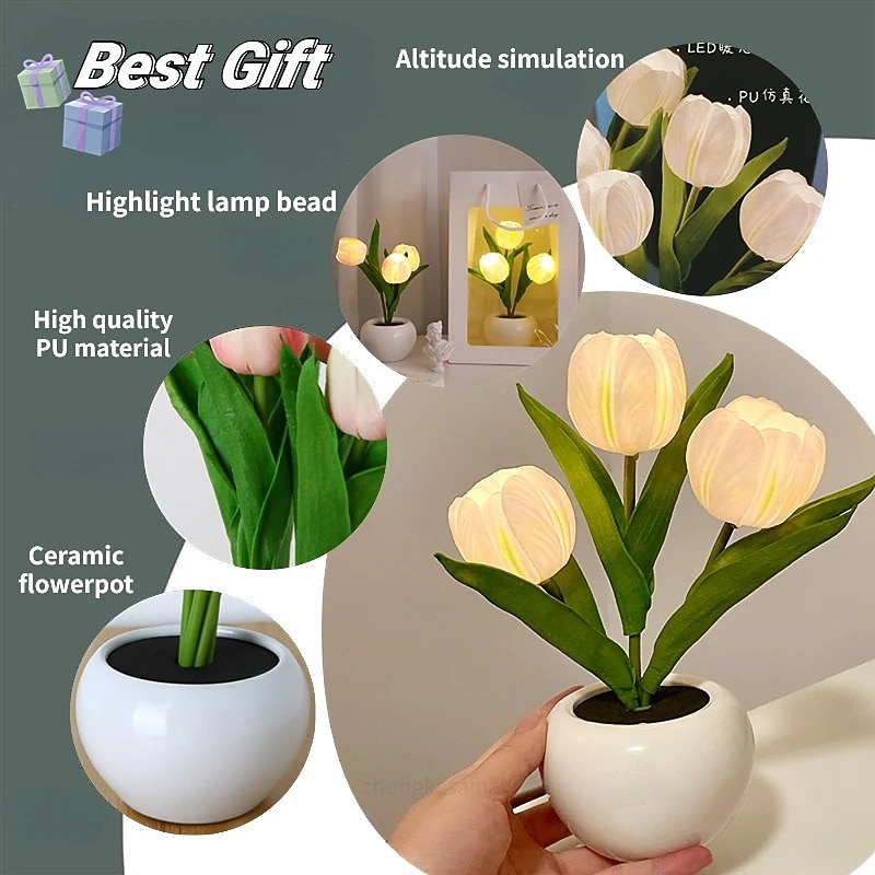 LED Tulip Night Light Table Lights Simulation Flower with Vase Table Lamp Ornaments for Home Living Room Desktop Decor Table Night Lamps2