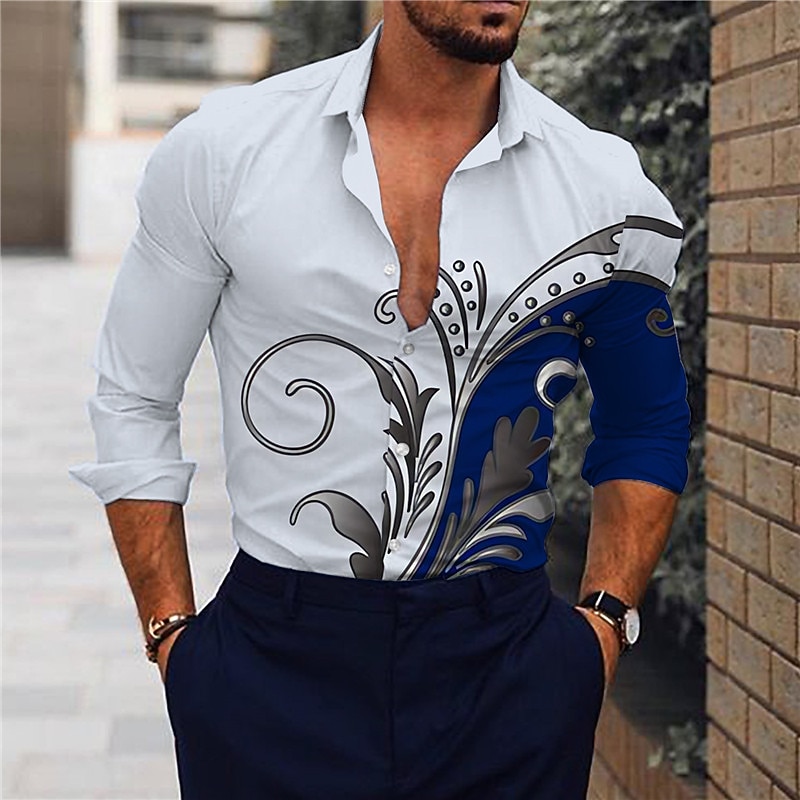 Men's Floral Shirt Button Up Shirt Long Sleeve Sports Fashion Streetwear Outdoor Casual Daily Fall & Winter Turndown Print Button-Down White Navy Blue Blue Gold Gray2